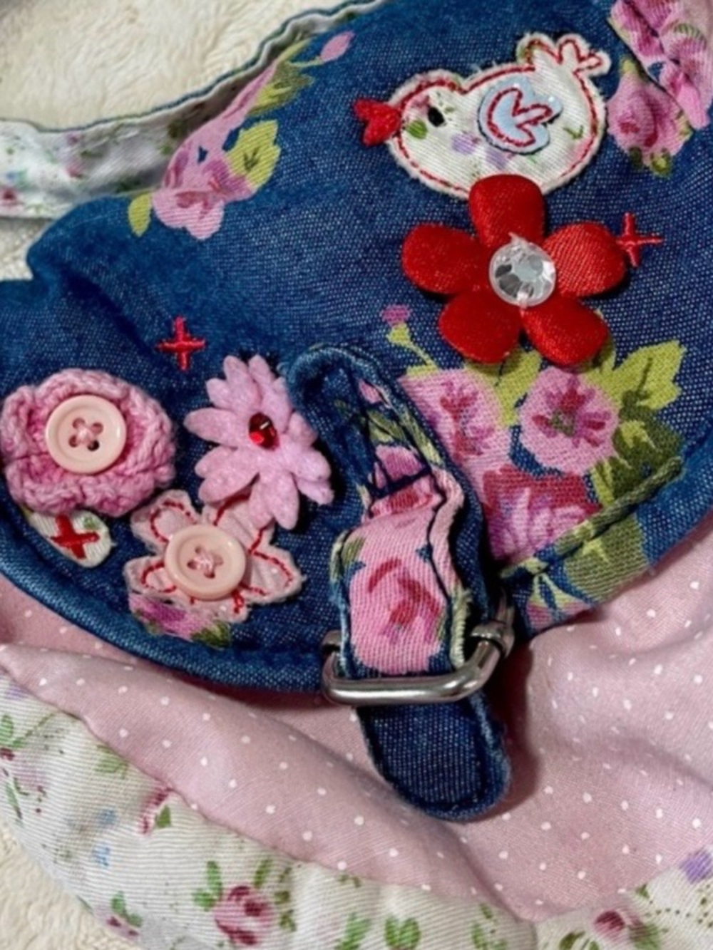Patchwork Denim Crossbody Mini Bag Pink Polka Dot Flower Flap Pouch Boho